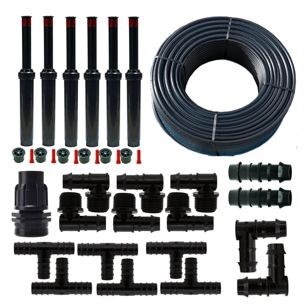 Inhoud van een complete pop-up beregeningskit van Agrodrip. Inclusief PE slang, aansluitstuk voor kraan, pop-up sproeiers en koppelstukken.